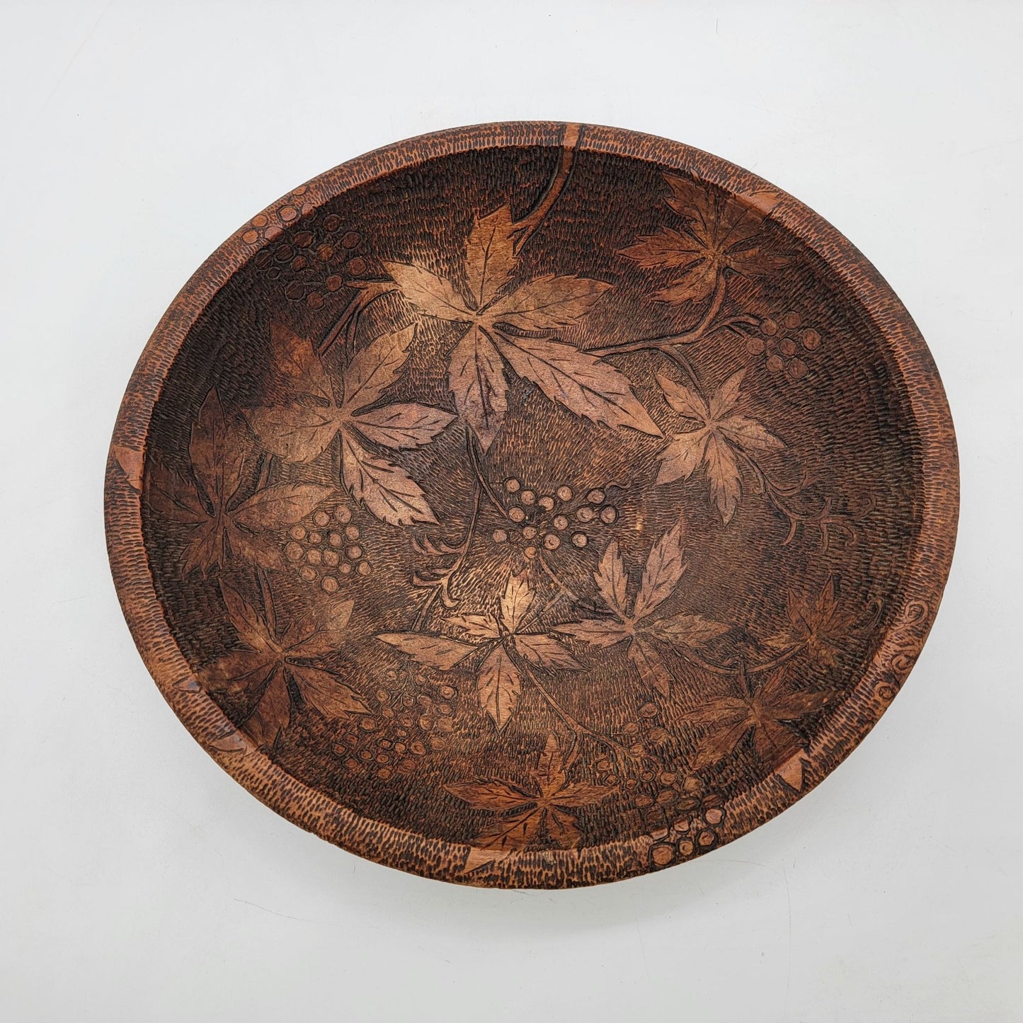 Handcrafted Vintage Pierography Wooden Bowl With Intricate Leaf & Dragon Carved Design