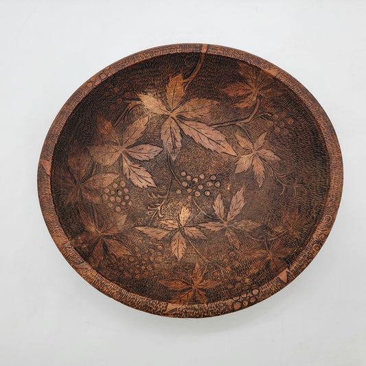 Handcrafted Vintage Pierography Wooden Bowl With Intricate Leaf & Dragon Carved Design