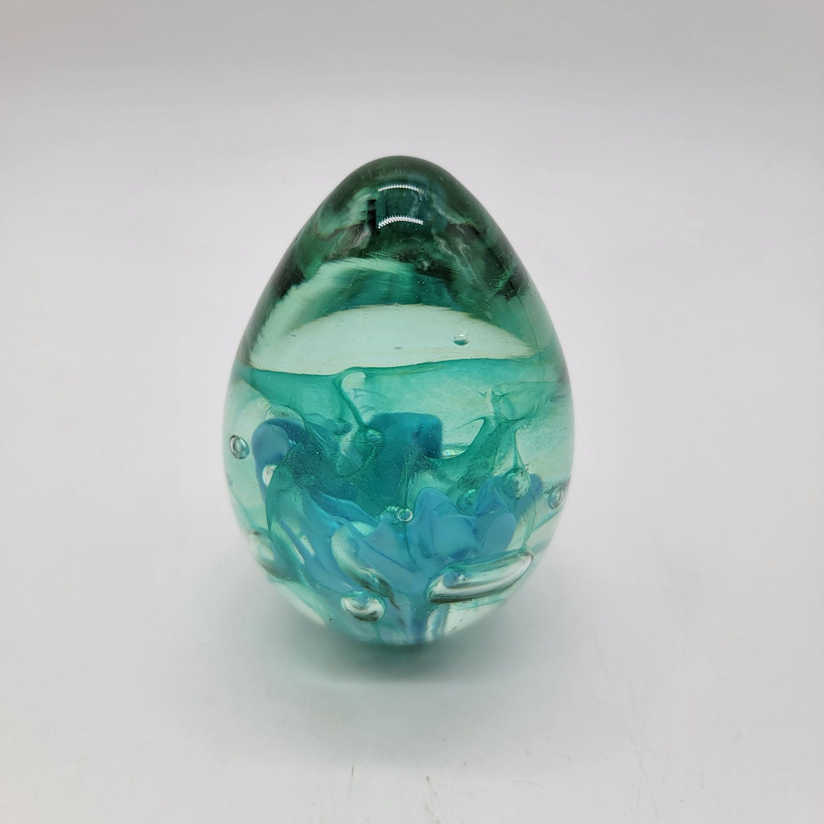 Vintage Aqua Blue Swirl Art Glass Egg Paperweight