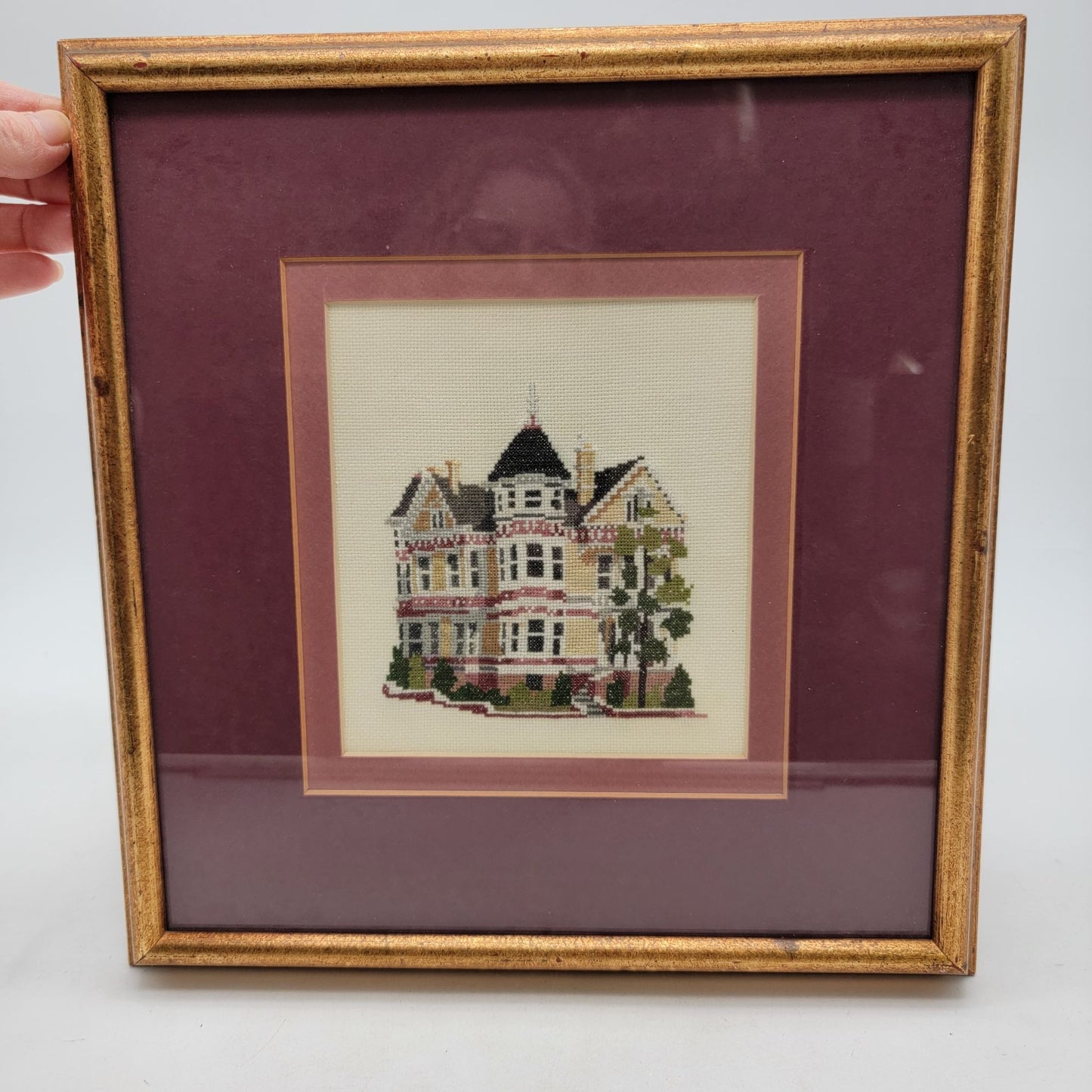Vintage 1981 Cross-Stitch Embroidered Victorian House Framed & Matted  Wall Art