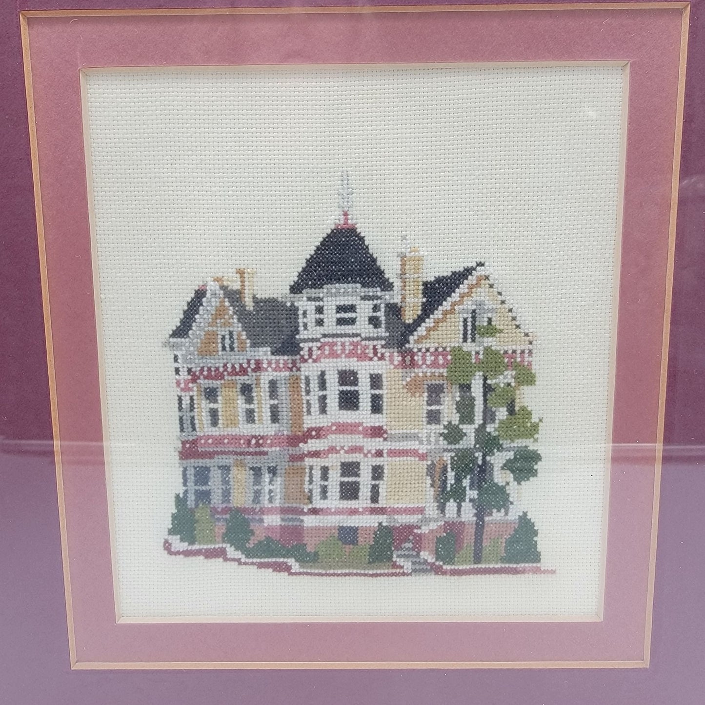 Vintage 1981 Cross-Stitch Embroidered Victorian House Framed & Matted  Wall Art