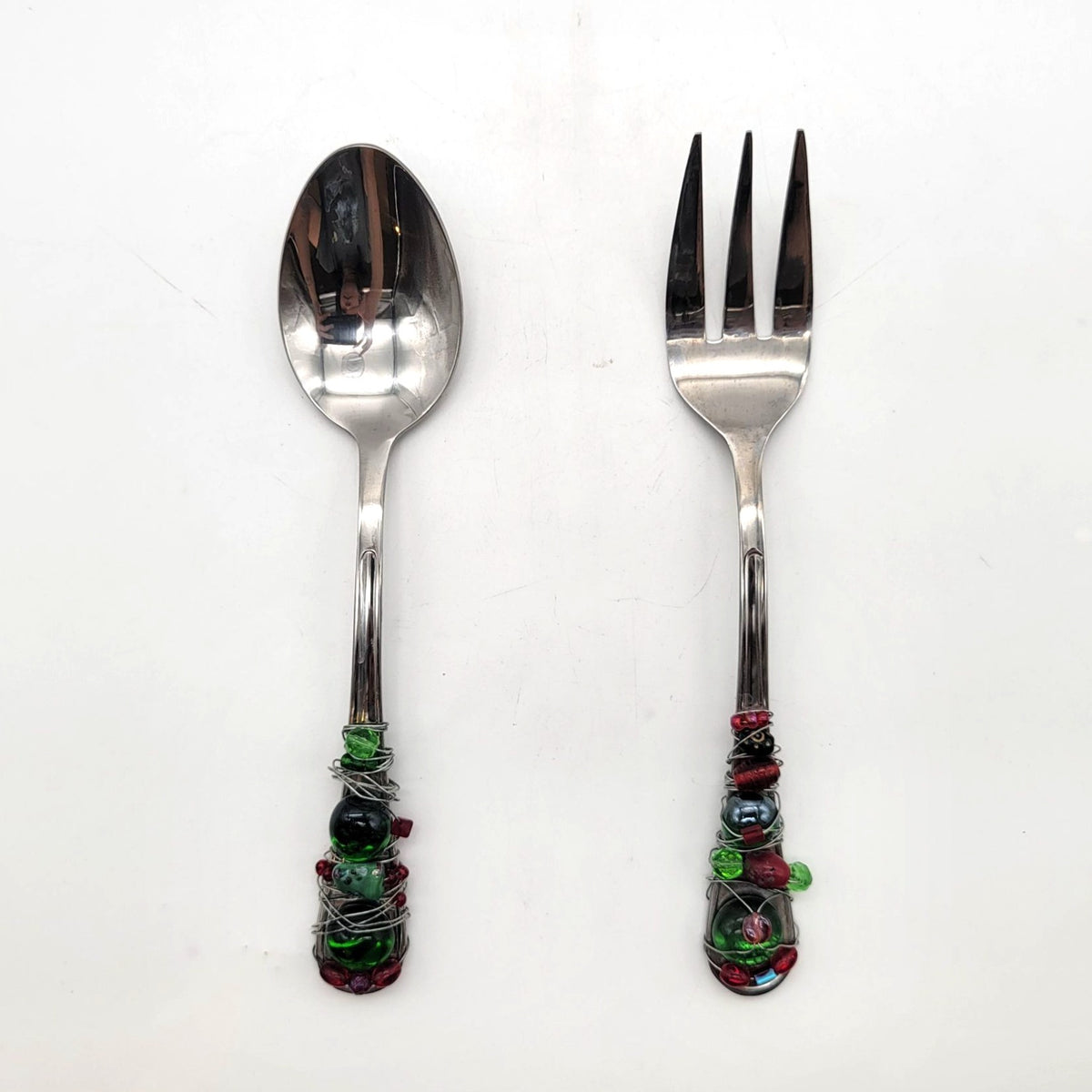 Festive Beaded Stainless Steel Serving Utensils Fork & Spoon Set