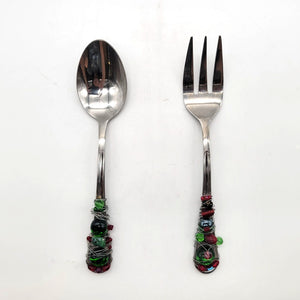 Festive Beaded Stainless Steel Serving Utensils Fork & Spoon Set
