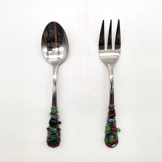 Festive Beaded Stainless Steel Serving Utensils Fork & Spoon Set