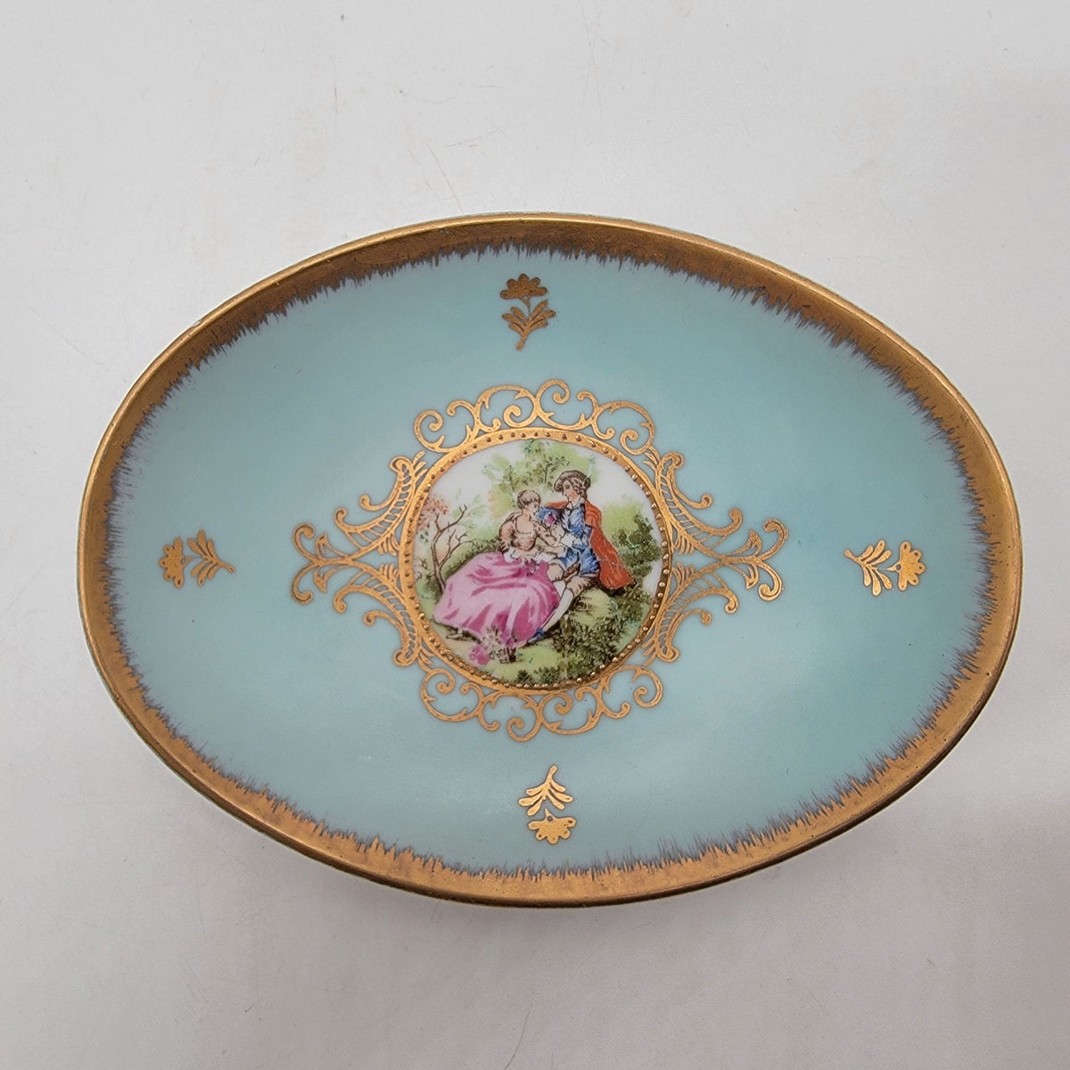 Vintage Bleu Celeste Porcelain Oval Dish With Courting Couple