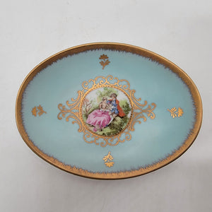 Vintage Bleu Celeste Porcelain Oval Dish With Courting Couple