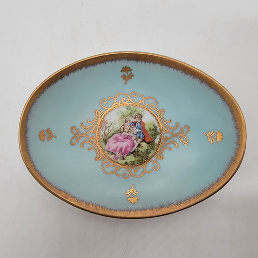 Vintage Bleu Celeste Porcelain Oval Dish With Courting Couple