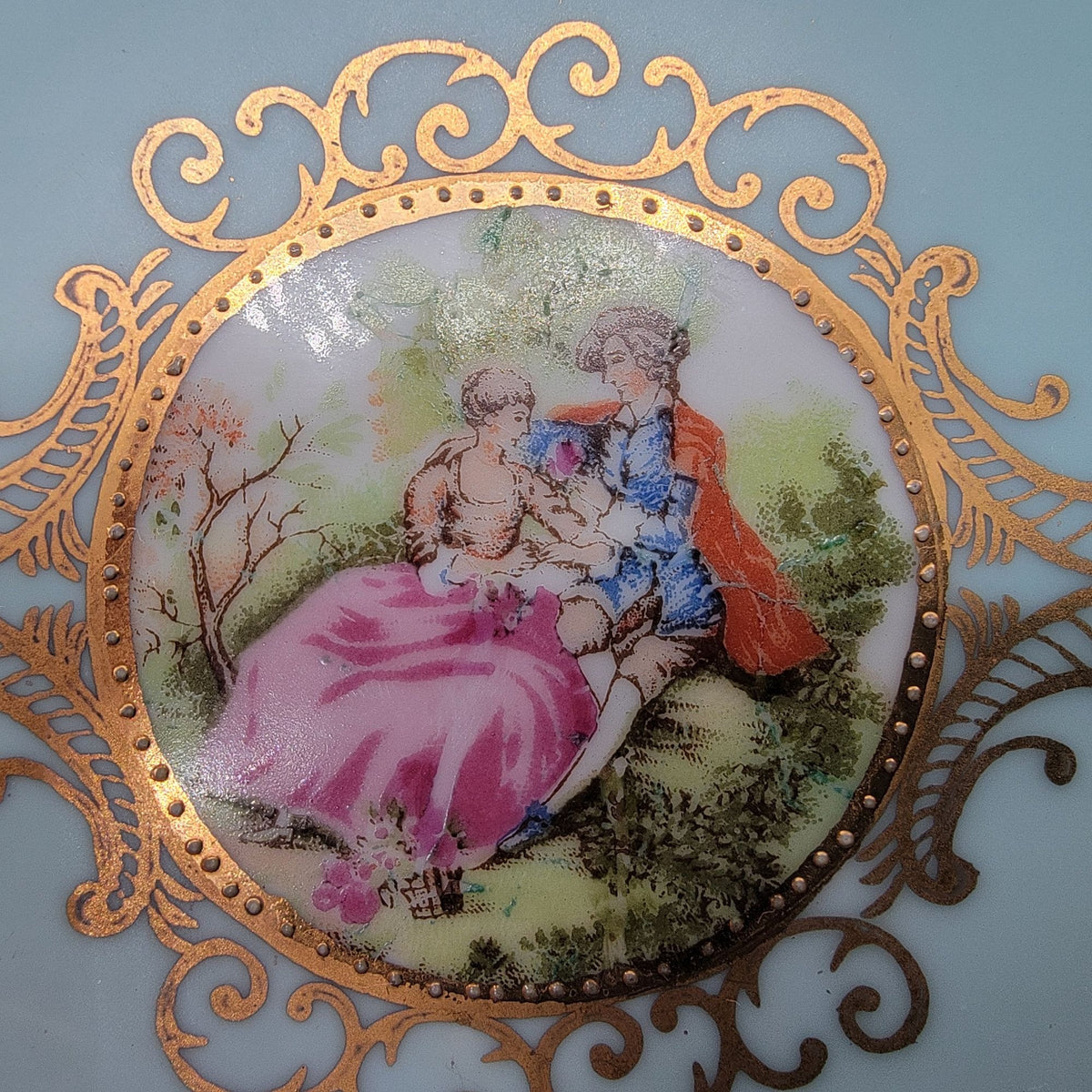Vintage Bleu Celeste Porcelain Oval Dish With Courting Couple