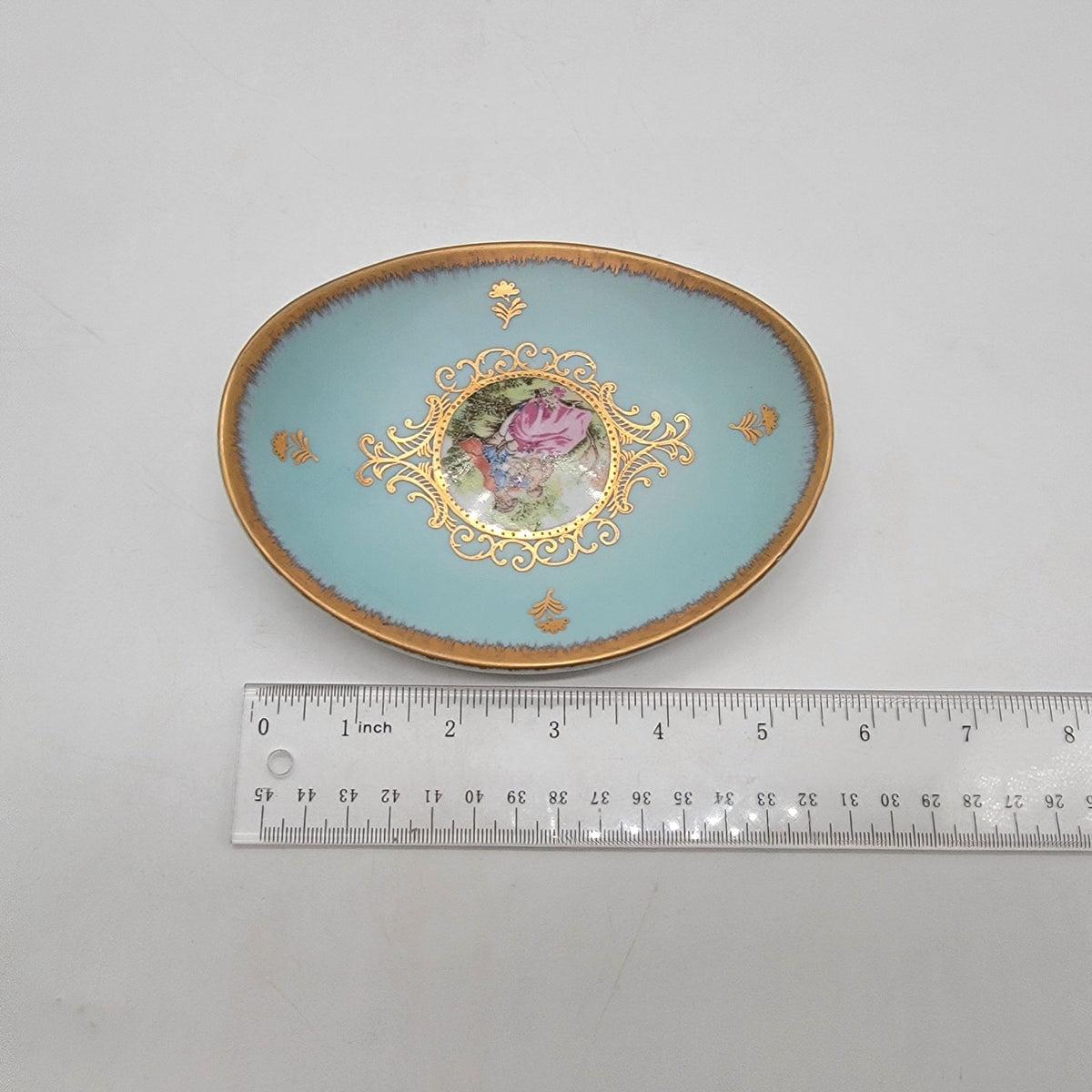 Vintage Bleu Celeste Porcelain Oval Dish With Courting Couple