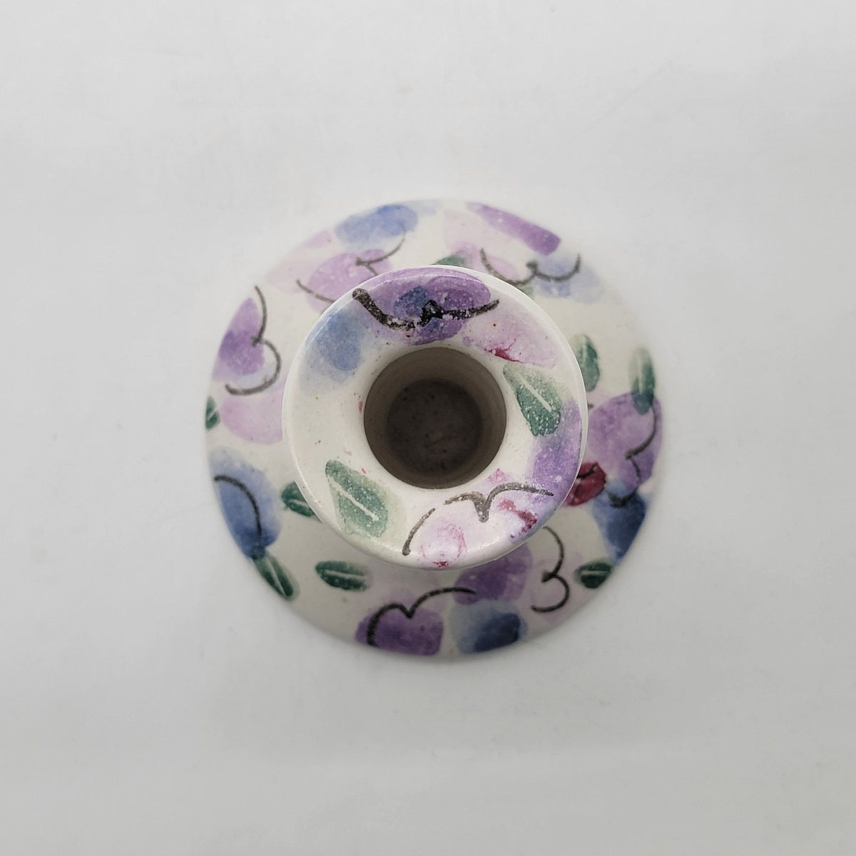 Signed Art Pottery Purple Floral Single Candle Holder
