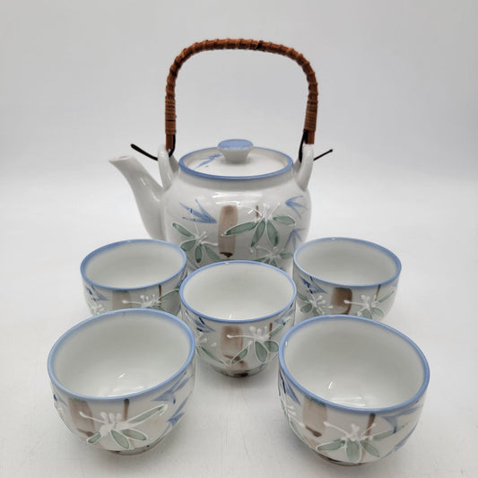 Vintage Japanese Porcelain Teapot & Cup Set With Bamboo Handle
