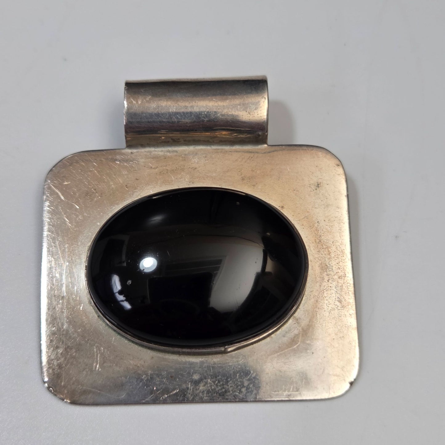 Vintage 1970s Taxco 925 Silver Pendant With Black Onyx Stone Signed TM-29 Mexico