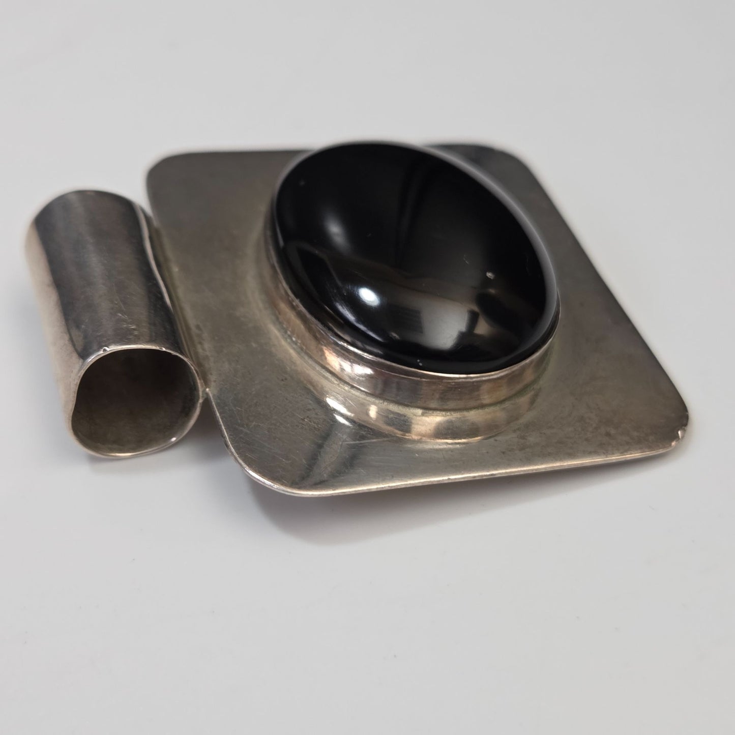 Vintage 1970s Taxco 925 Silver Pendant With Black Onyx Stone Signed TM-29 Mexico