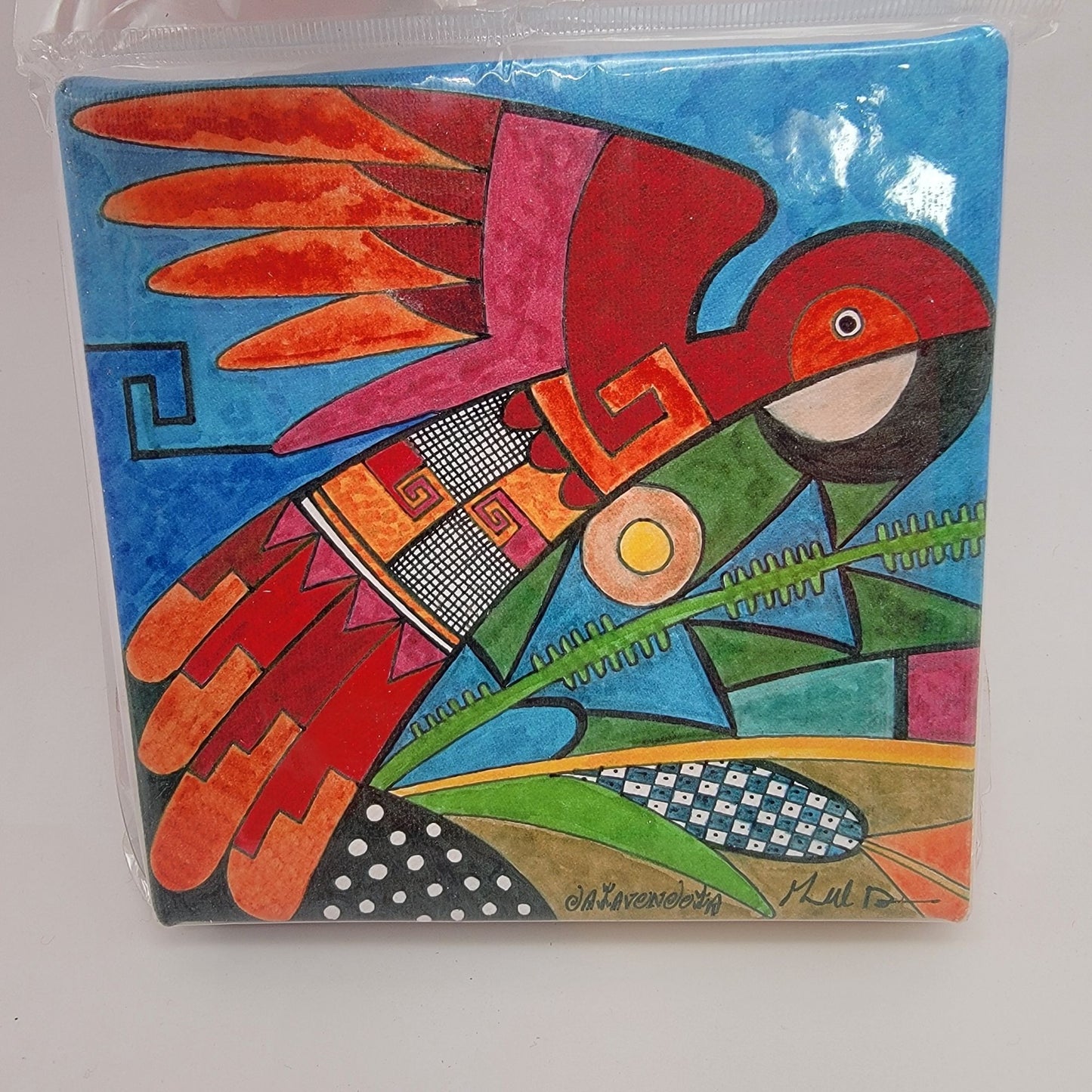 Hopi Artist Gerald A.A. Daawavendewa "Parrot With Prayer Feathers" Giclee Canvas Wall Art