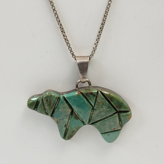 Vintage FS Navajo Mosaic Inlay Royston Turquoise Bear Sterling Pendant With 925 Italy Chain