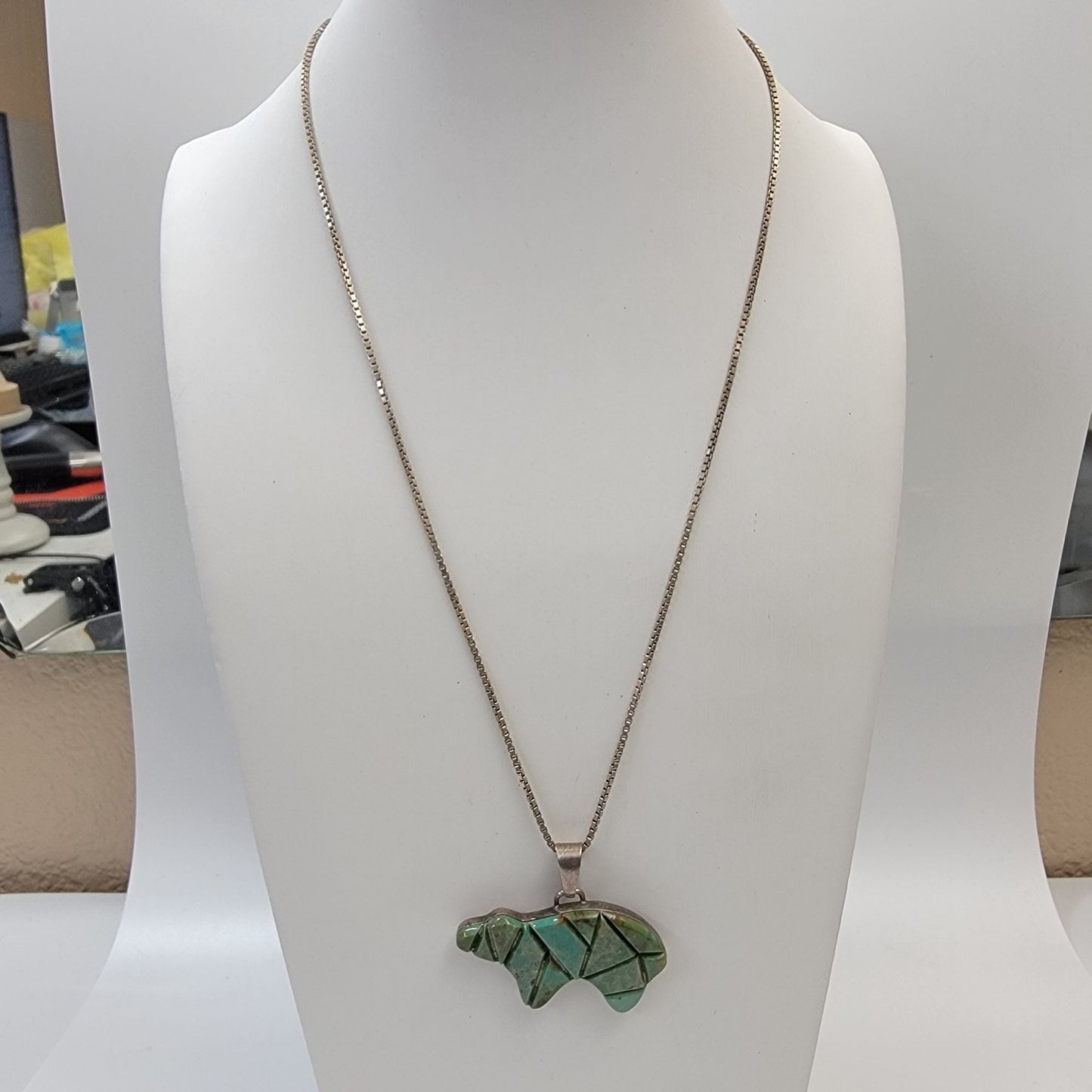 Vintage FS Navajo Mosaic Inlay Royston Turquoise Bear Sterling Pendant With 925 Italy Chain