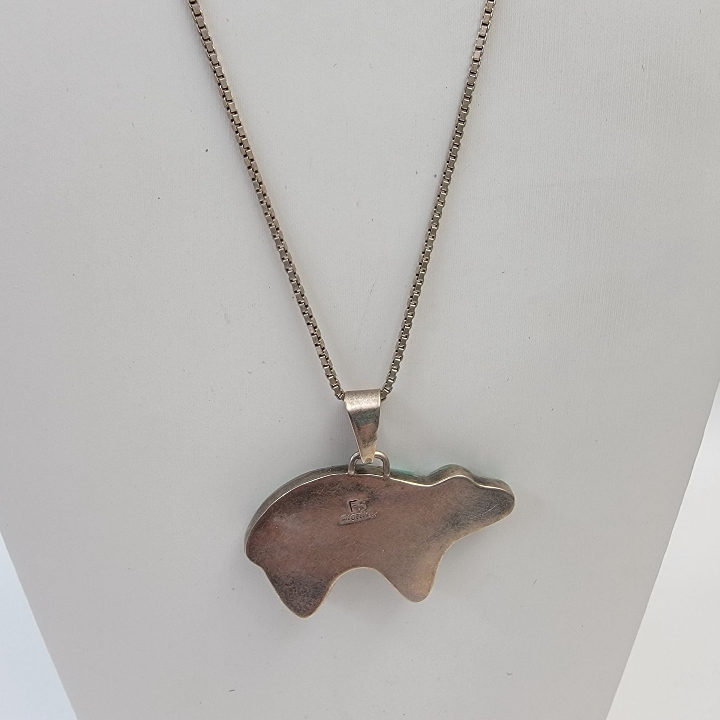 Vintage FS Navajo Mosaic Inlay Royston Turquoise Bear Sterling Pendant With 925 Italy Chain