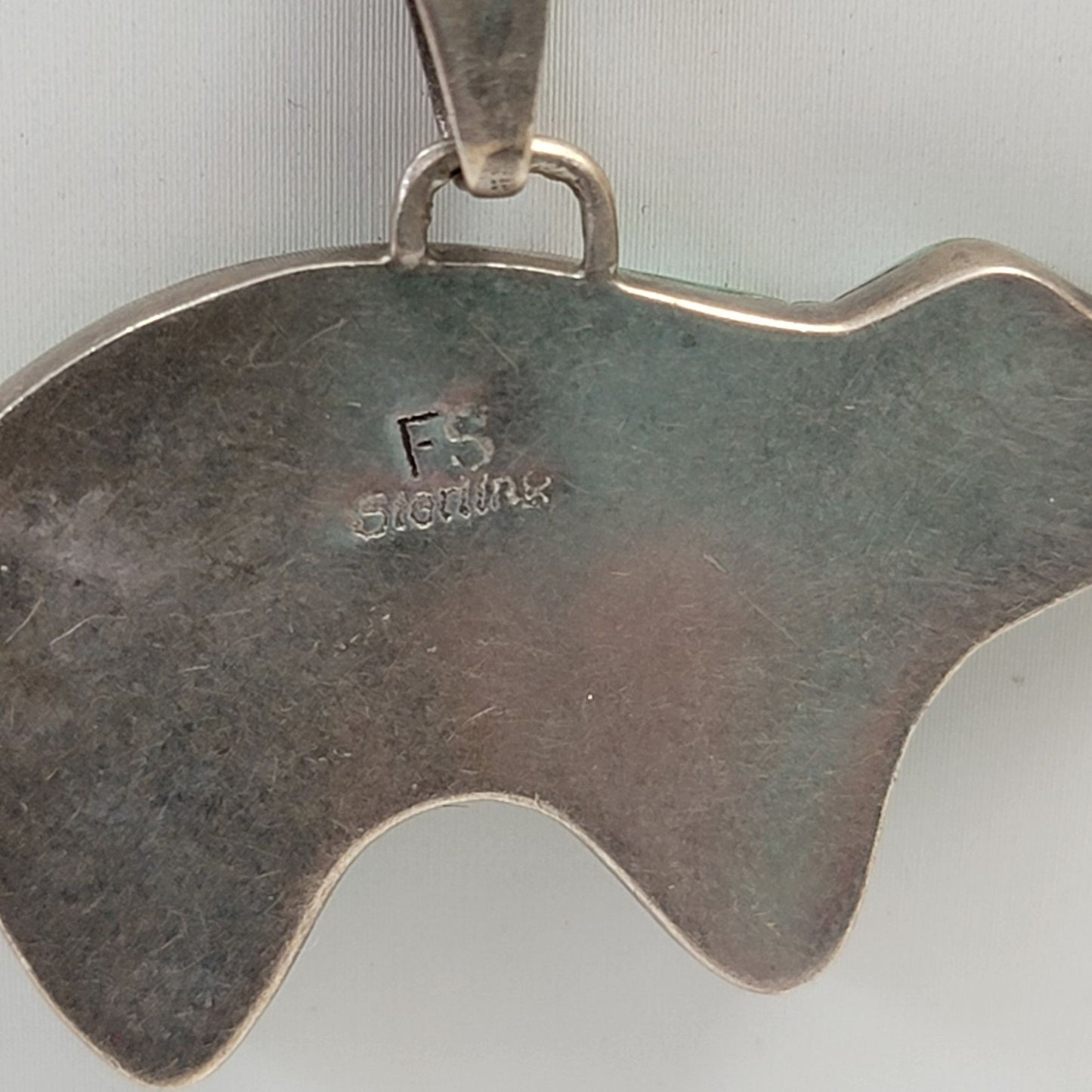 Vintage FS Navajo Mosaic Inlay Royston Turquoise Bear Sterling Pendant With 925 Italy Chain