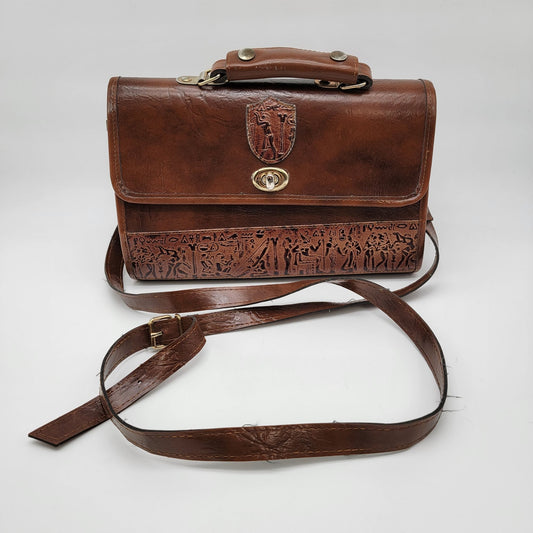 Vintage Tooled Leather Satchel Purse Egyptian Hieroglyphics Motifs Brown