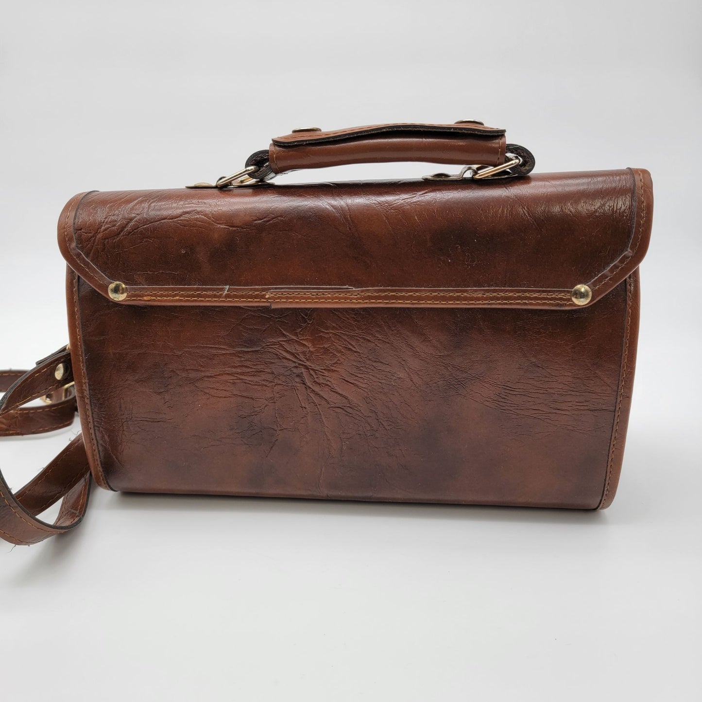 Vintage Tooled Leather Satchel Purse Egyptian Hieroglyphics Motifs Brown