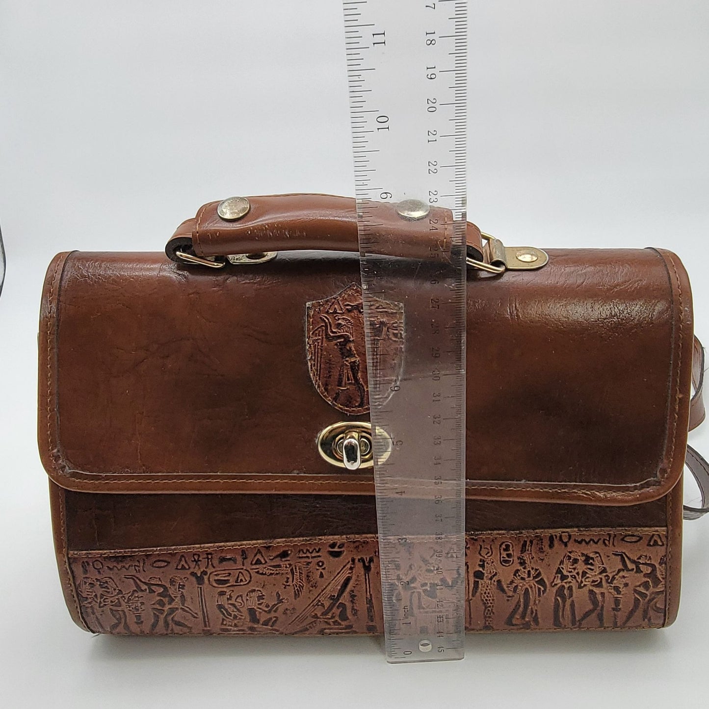 Vintage Tooled Leather Satchel Purse Egyptian Hieroglyphics Motifs Brown