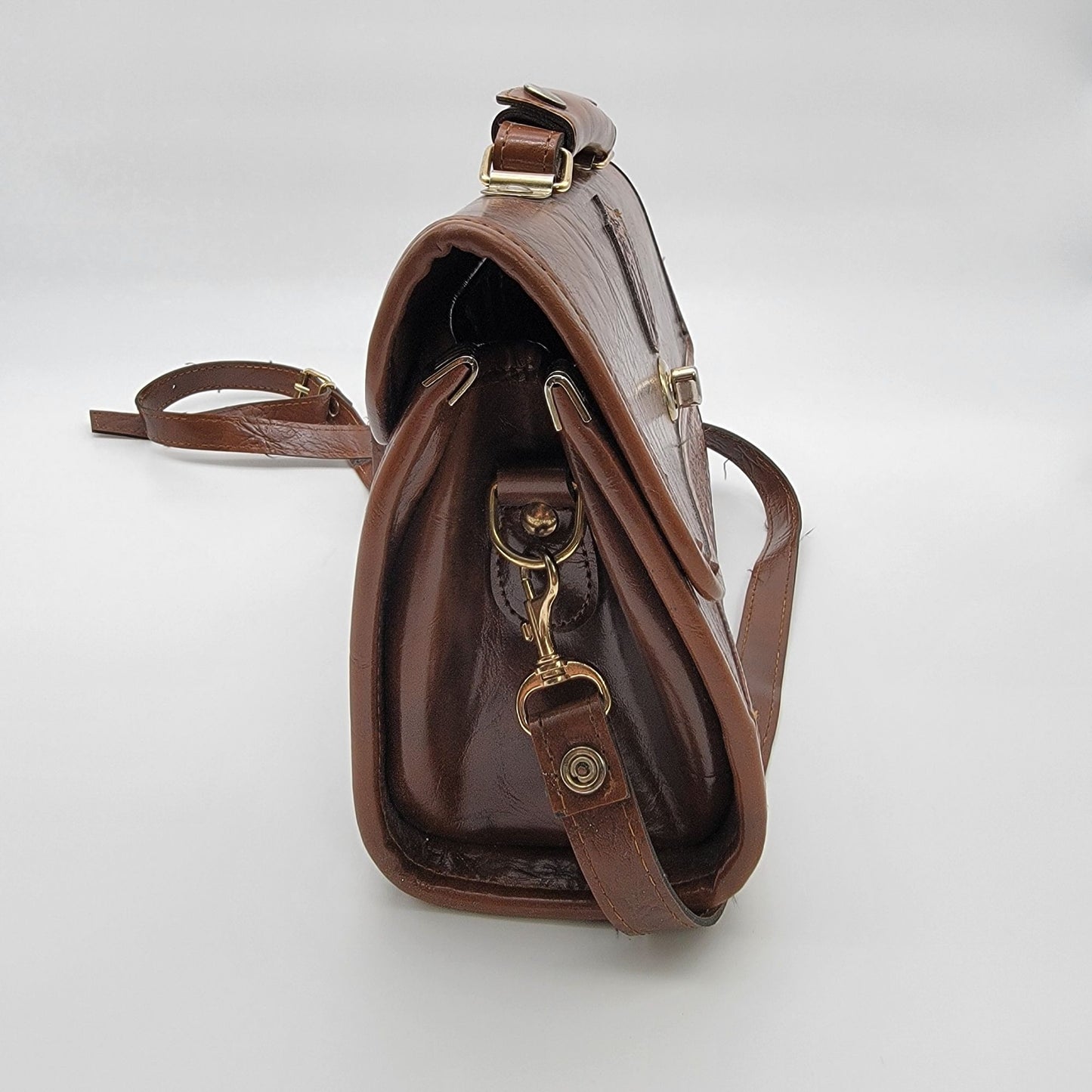 Vintage Tooled Leather Satchel Purse Egyptian Hieroglyphics Motifs Brown