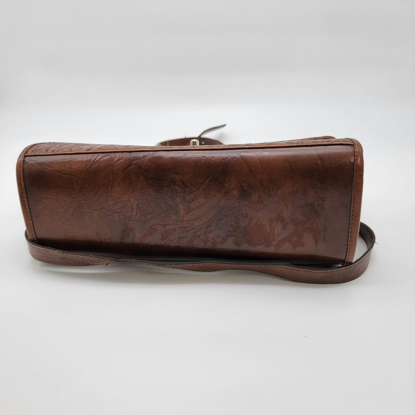 Vintage Tooled Leather Satchel Purse Egyptian Hieroglyphics Motifs Brown