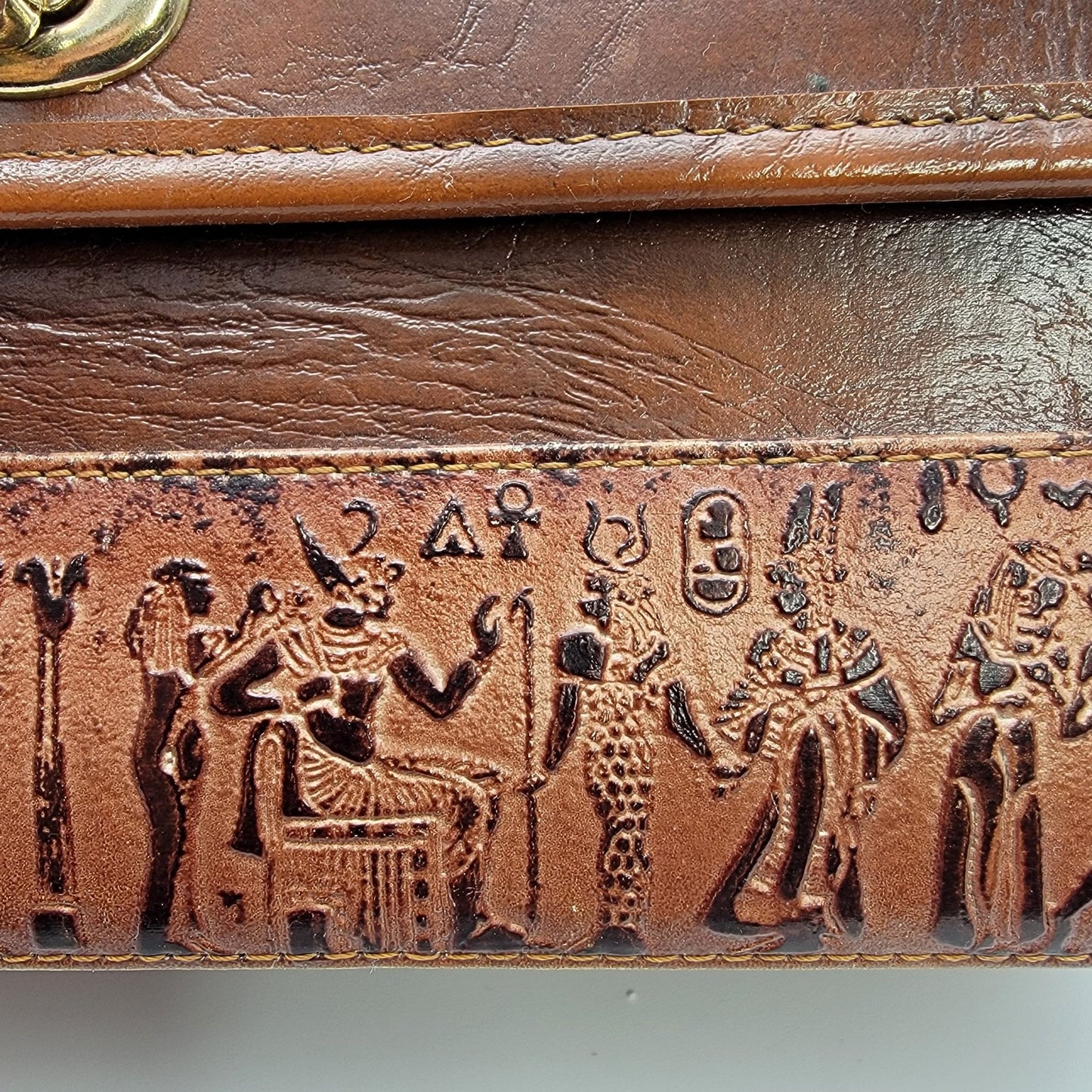 Vintage Tooled Leather Satchel Purse Egyptian Hieroglyphics Motifs Brown
