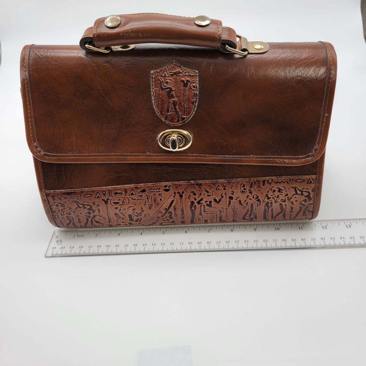 Vintage Tooled Leather Satchel Purse Egyptian Hieroglyphics Motifs Brown