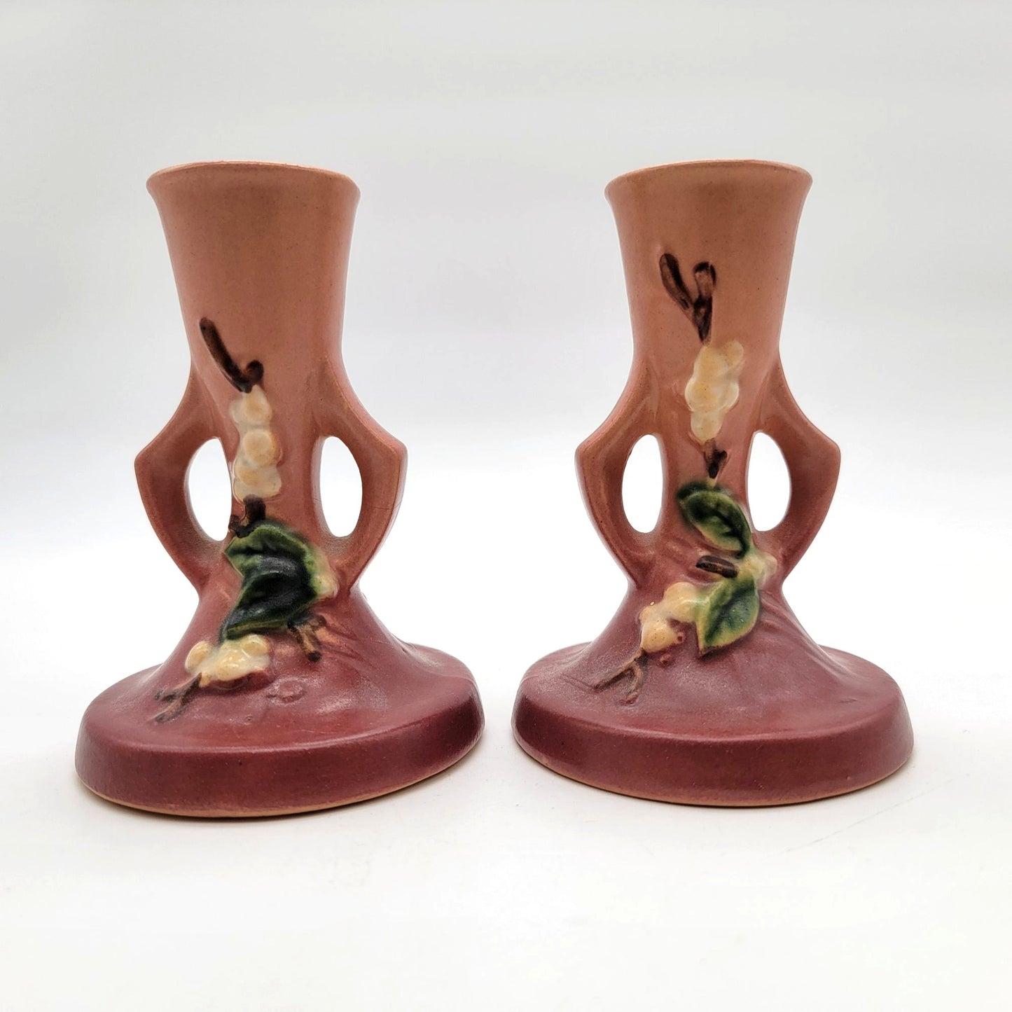Roseville Pottery Snowberry Dusty Rose Candle Holders