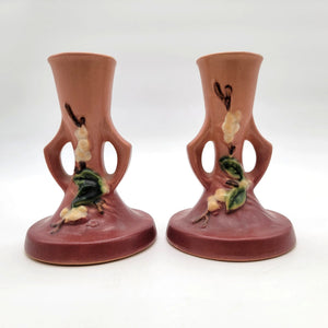 Roseville Pottery Snowberry Dusty Rose Candle Holders