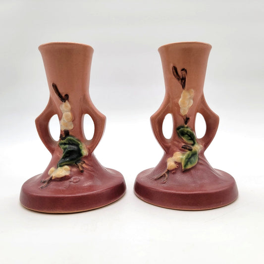 Roseville Pottery Snowberry Dusty Rose Candle Holders