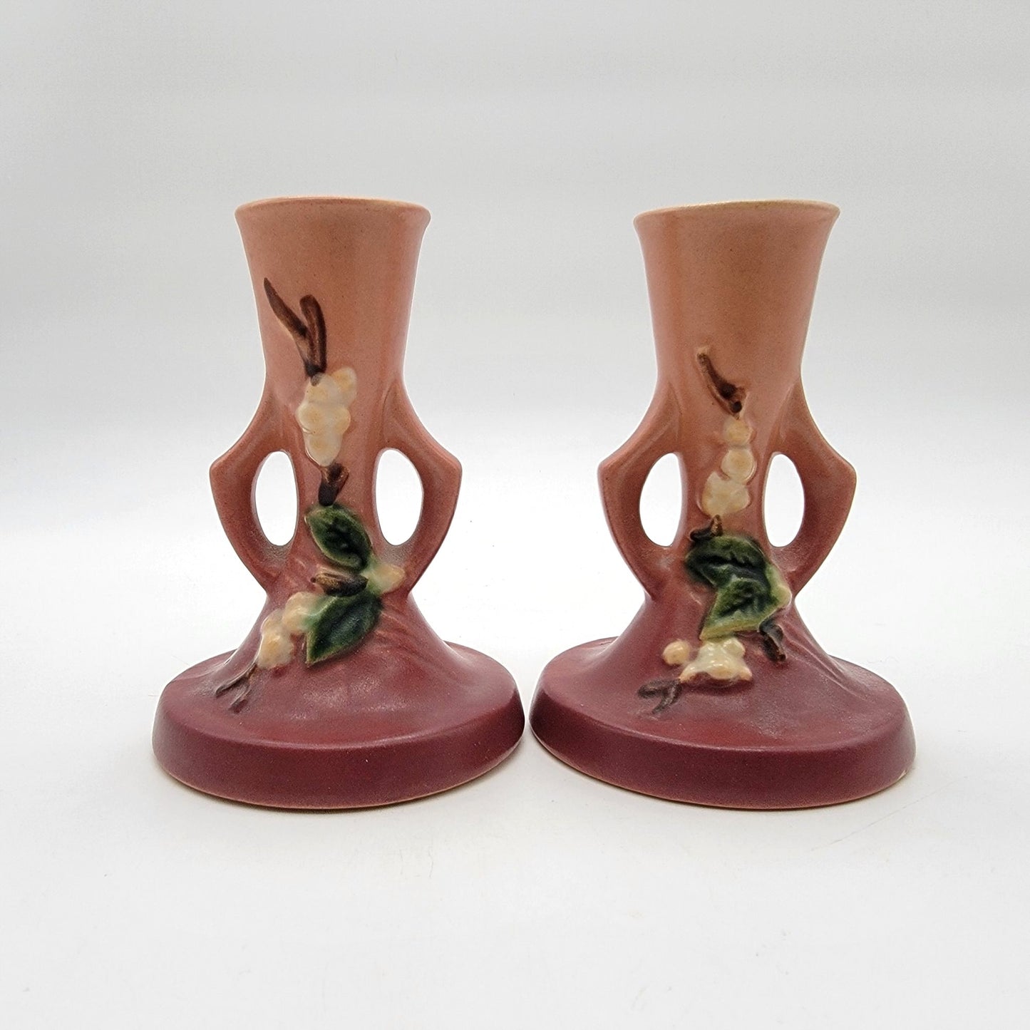 Roseville Pottery Snowberry Dusty Rose Candle Holders