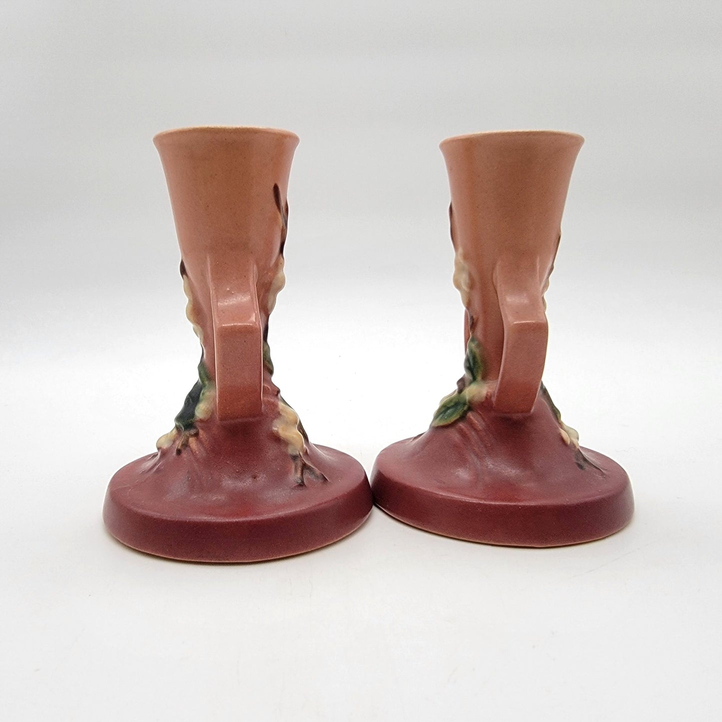 Roseville Pottery Snowberry Dusty Rose Candle Holders