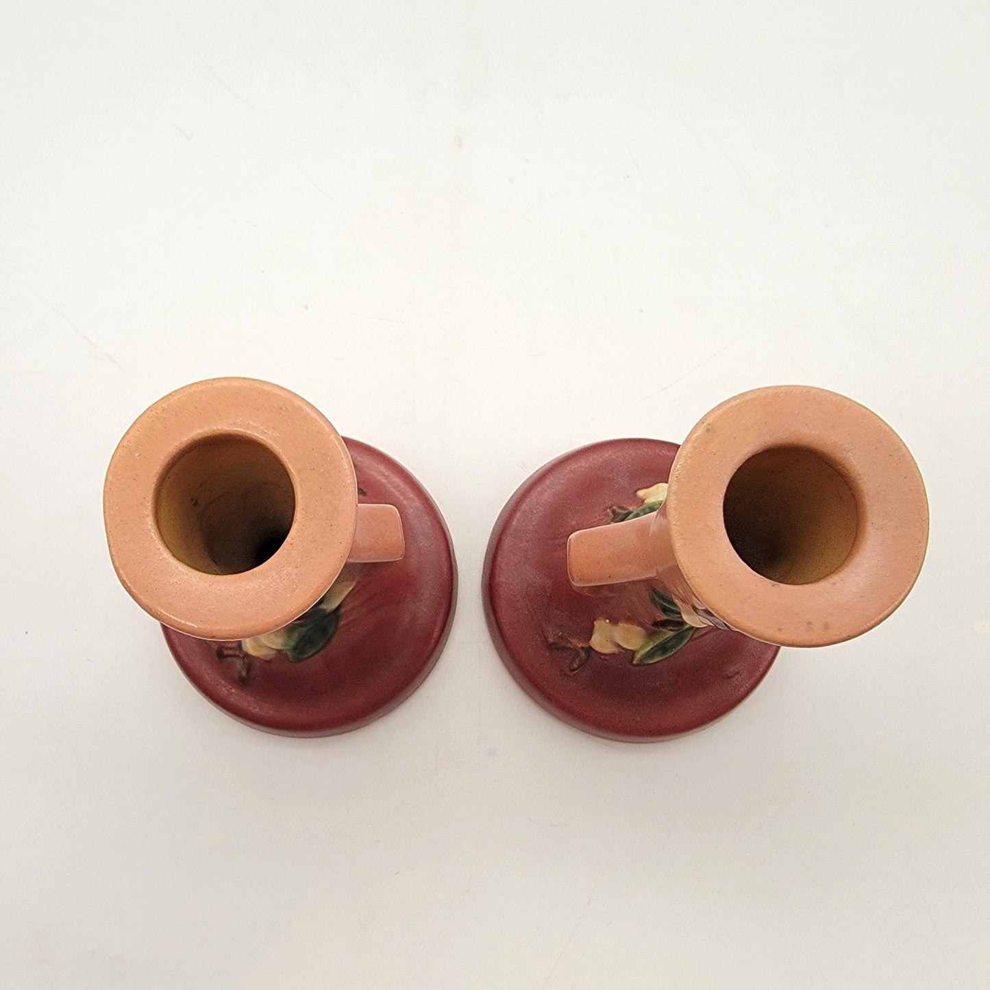Roseville Pottery Snowberry Dusty Rose Candle Holders