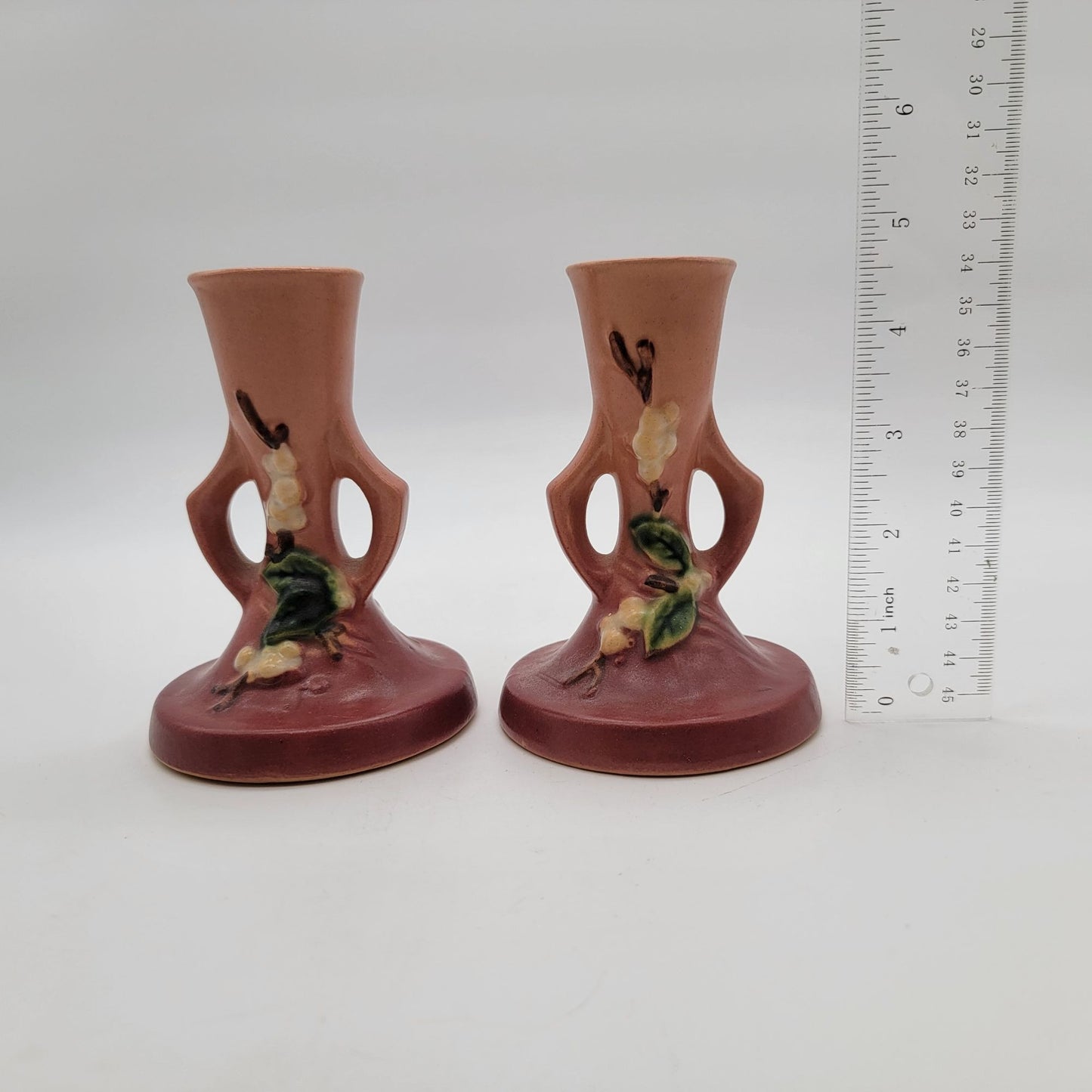 Roseville Pottery Snowberry Dusty Rose Candle Holders