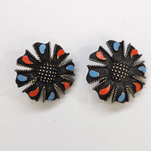Vintage Alan J Black Flower Enamel Clip On Earrings