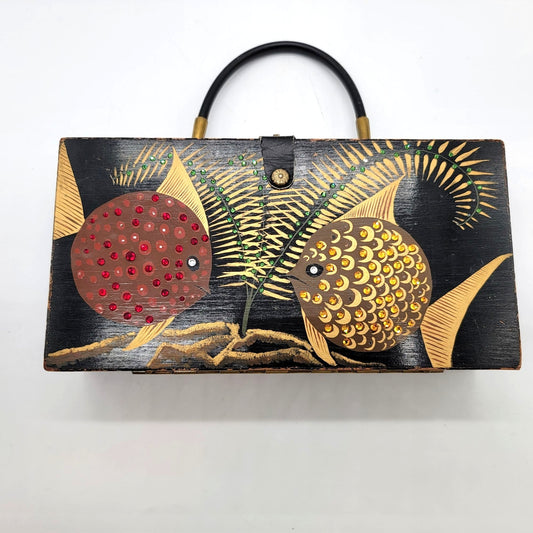 MCM 1960s Handpainted Wooden Box Bejeweled Fish Novelty Purse
