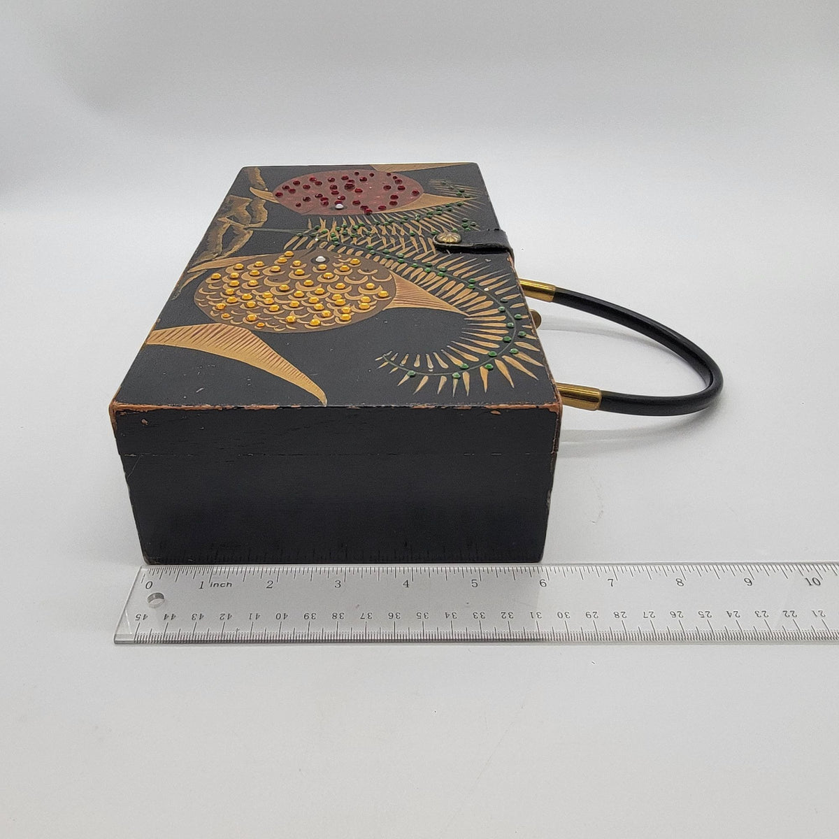 MCM 1960s Handpainted Wooden Box Bejeweled Fish Novelty Purse