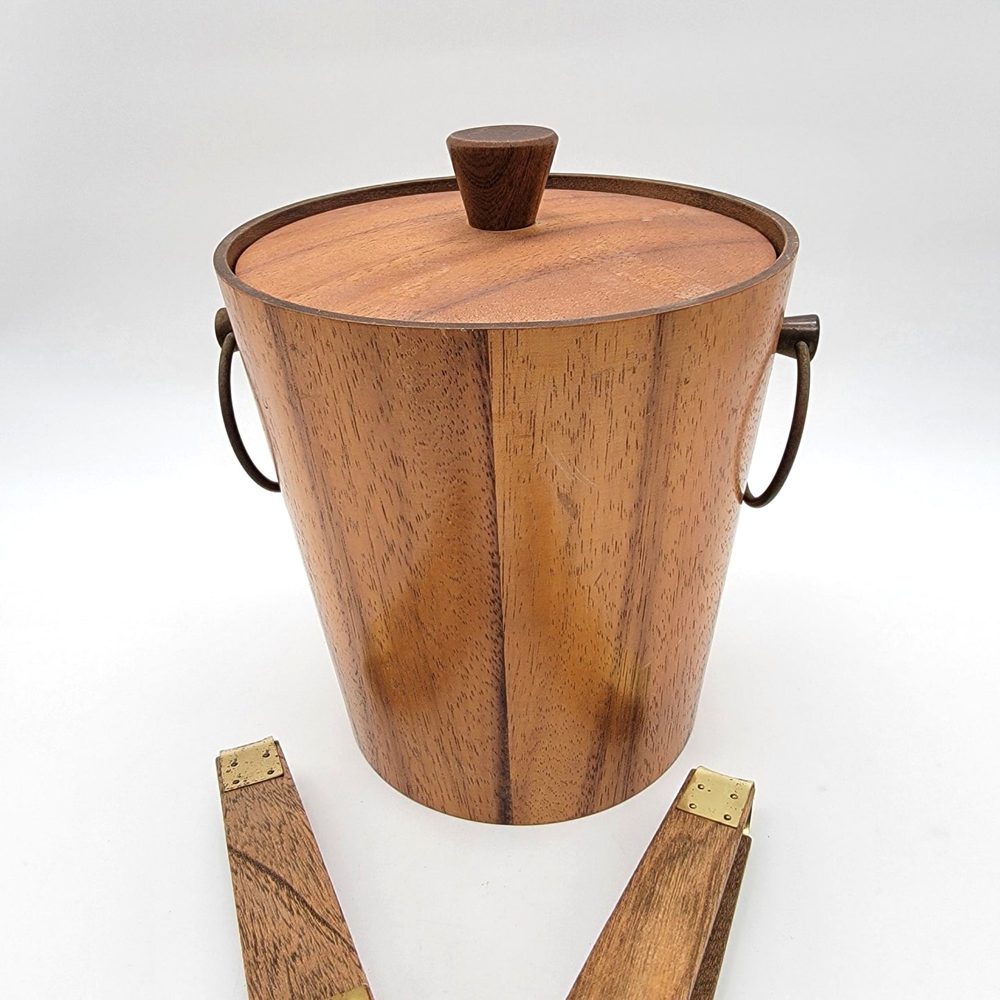 Mid Century Teak Wood Ice Bucket With Matching Tongs