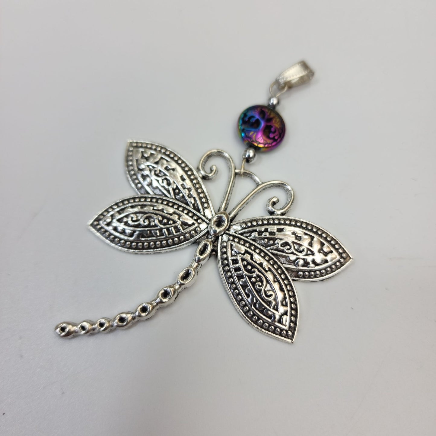 Large Silver Dragonfly Pendant With Iridescent Tree Of Life Bead