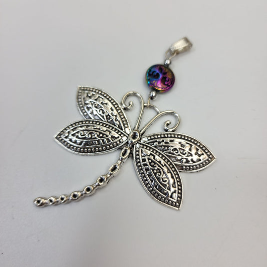 Large Silver Dragonfly Pendant With Iridescent Tree Of Life Bead