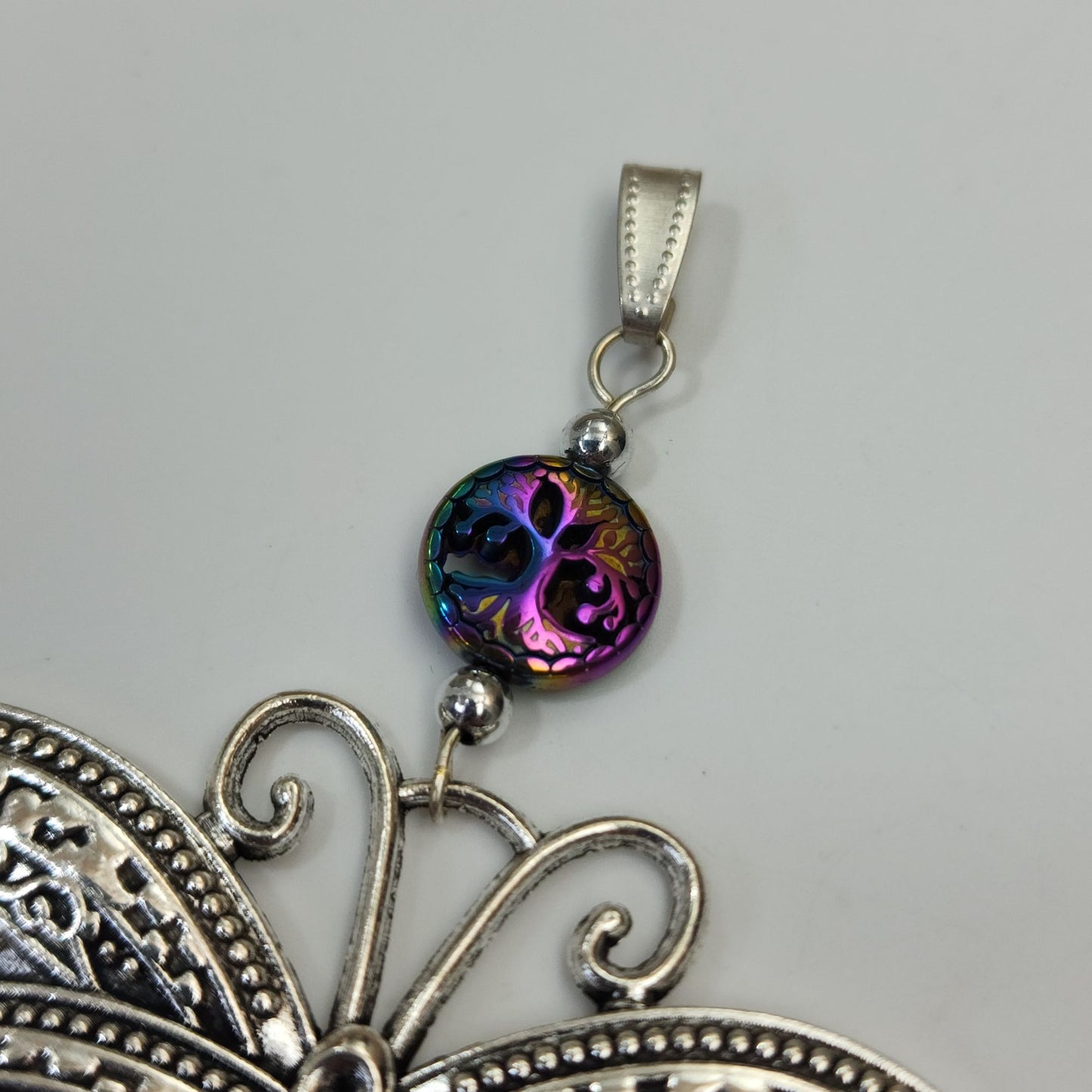 Large Silver Dragonfly Pendant With Iridescent Tree Of Life Bead