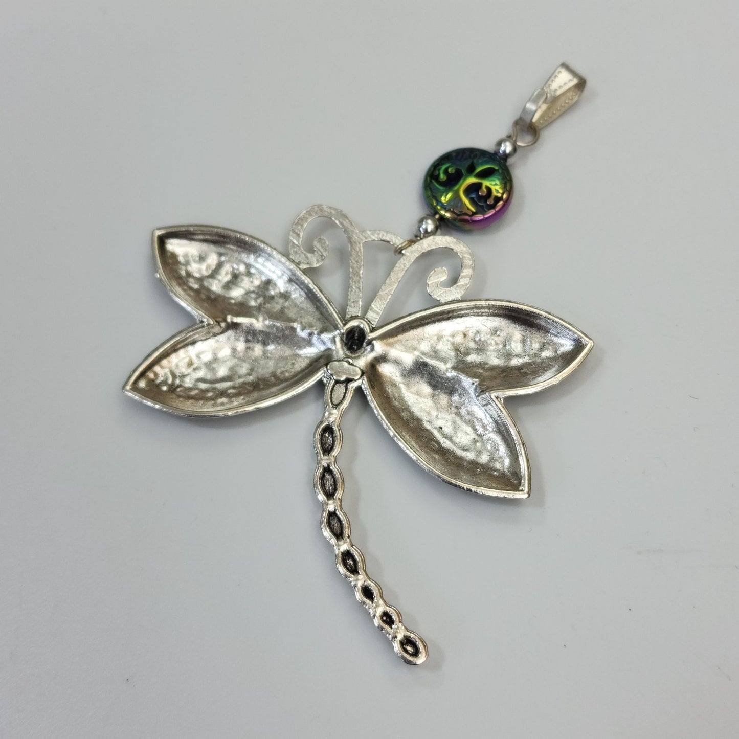 Large Silver Dragonfly Pendant With Iridescent Tree Of Life Bead