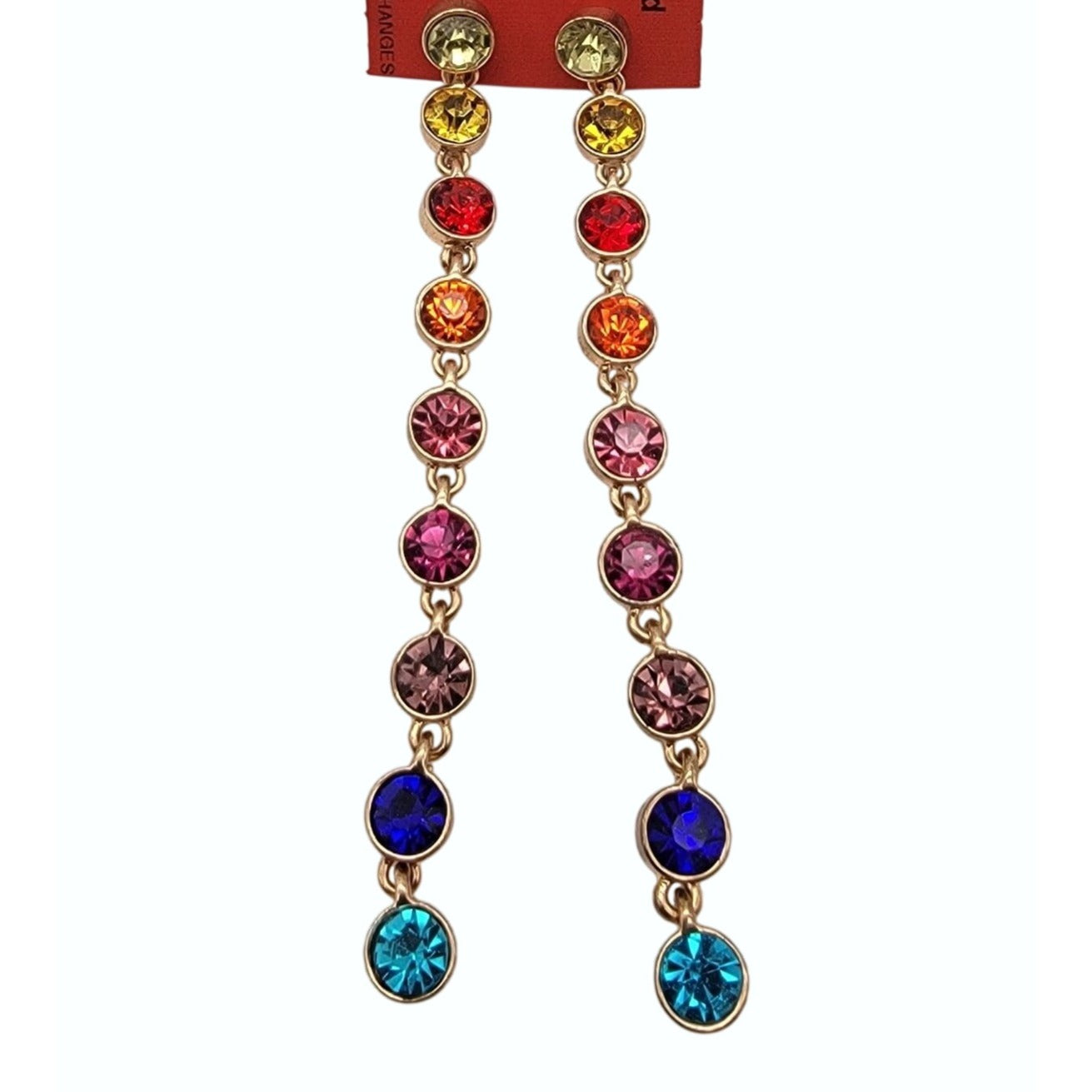 Multi-Colored Rhinestone Bezel-Set Gold-Tone Dangle Shoulder Duster Earrings