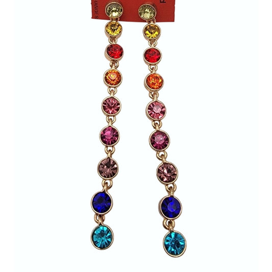 Multi-Colored Rhinestone Bezel-Set Gold-Tone Dangle Shoulder Duster Earrings