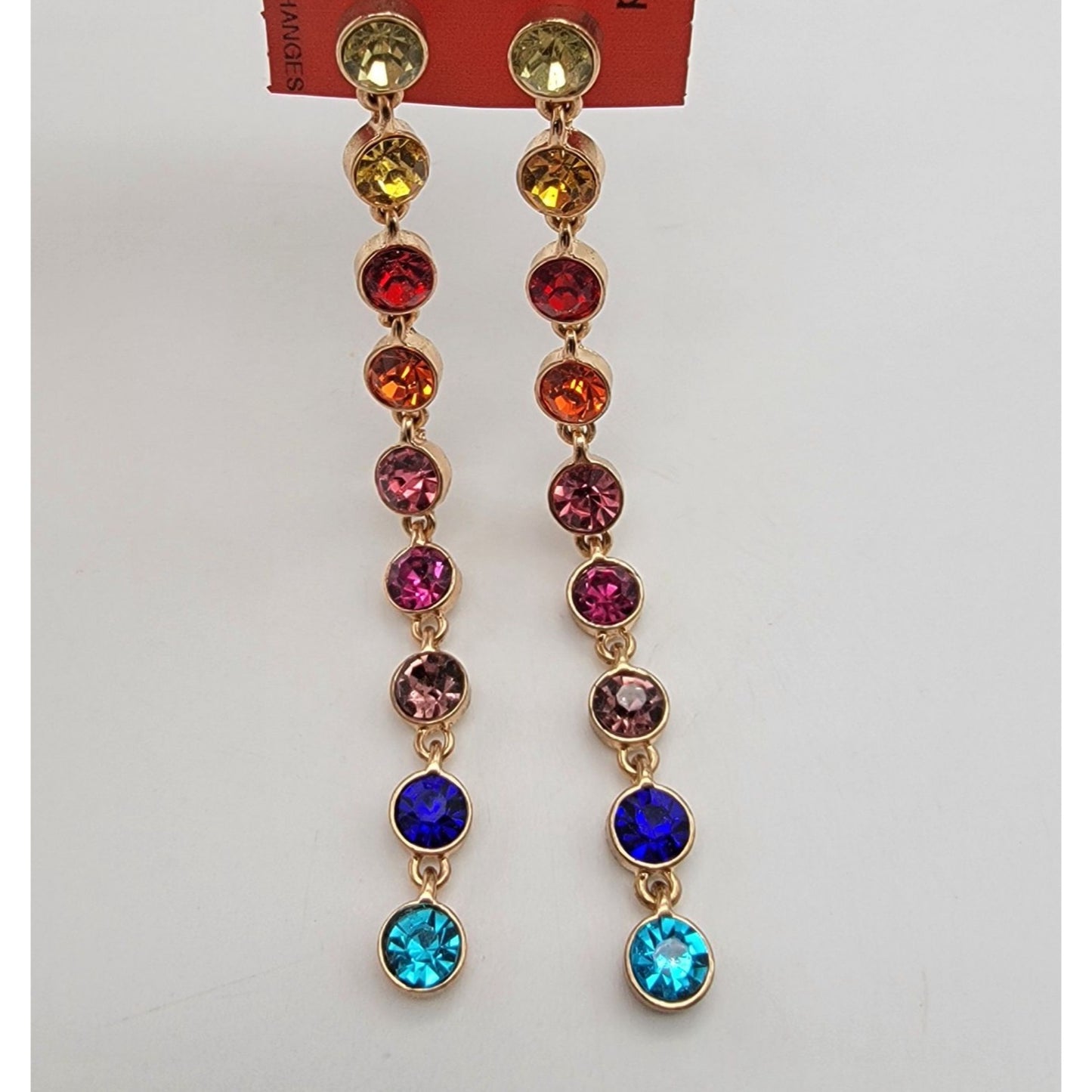 Multi-Colored Rhinestone Bezel-Set Gold-Tone Dangle Shoulder Duster Earrings