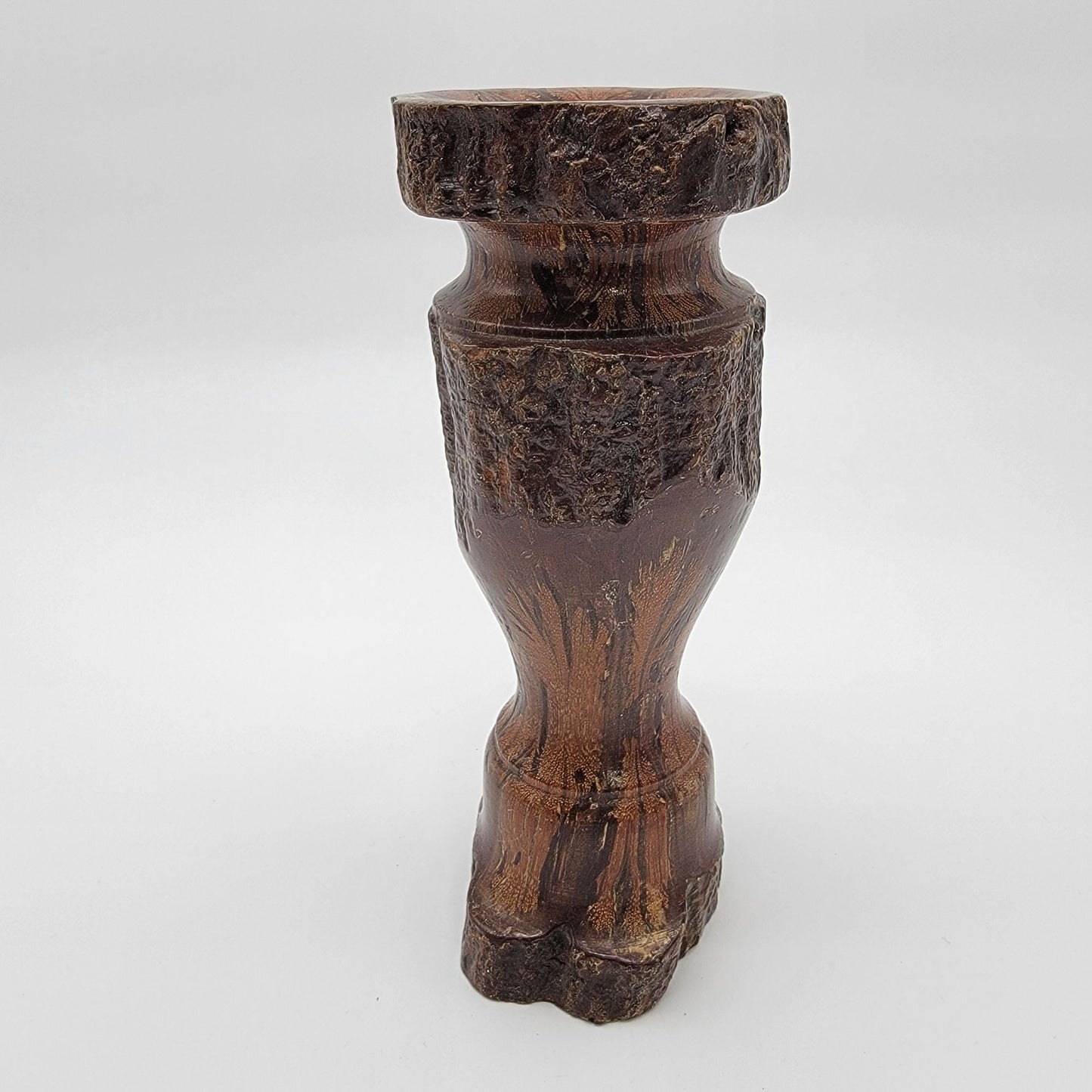 Vintage Hand-Carved Chrysanthemum Burl Wood Candle Holder