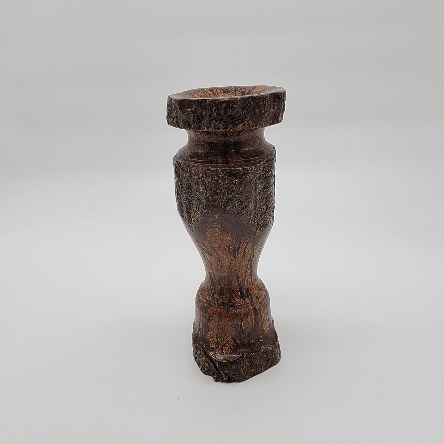 Vintage Hand-Carved Chrysanthemum Burl Wood Candle Holder