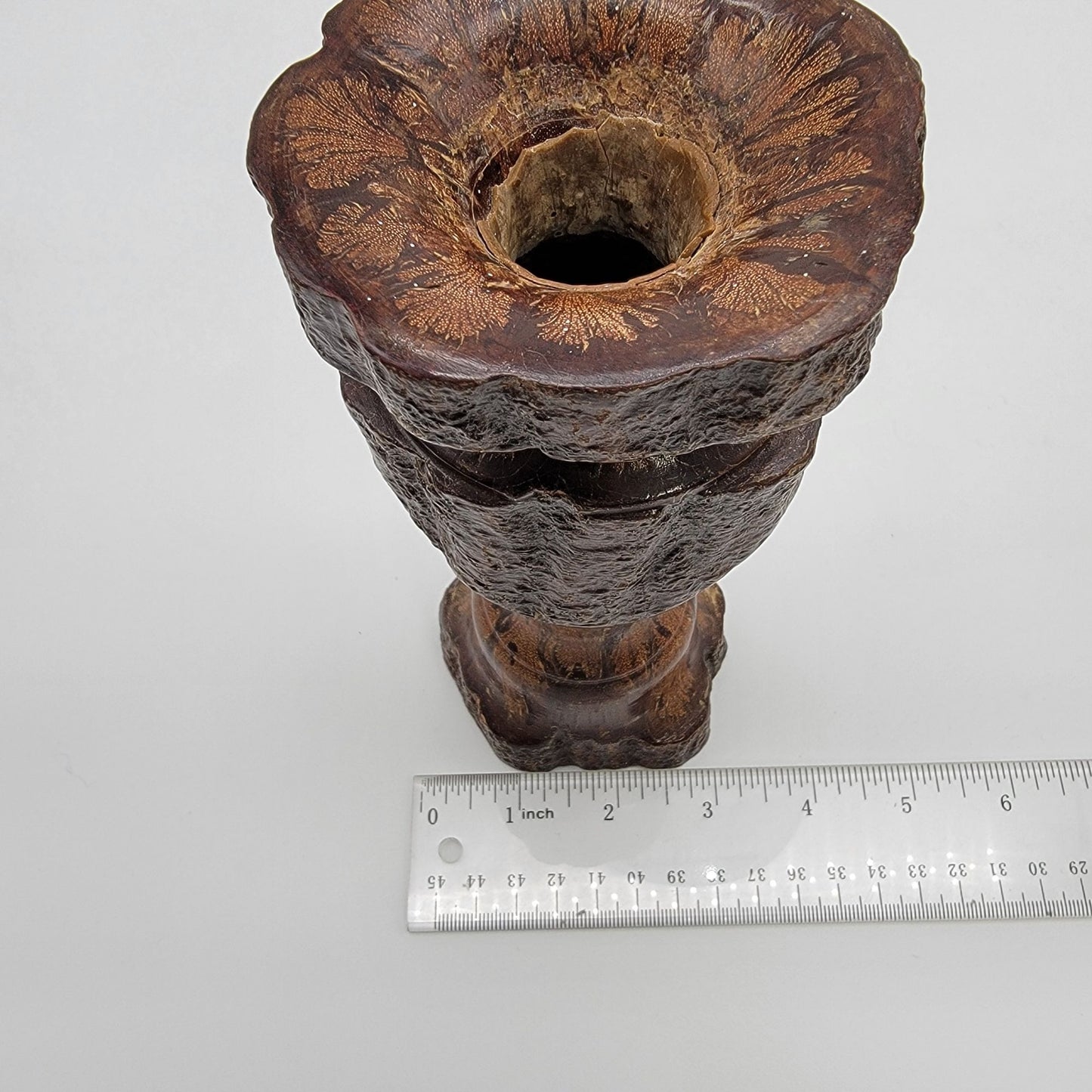Vintage Hand-Carved Chrysanthemum Burl Wood Candle Holder
